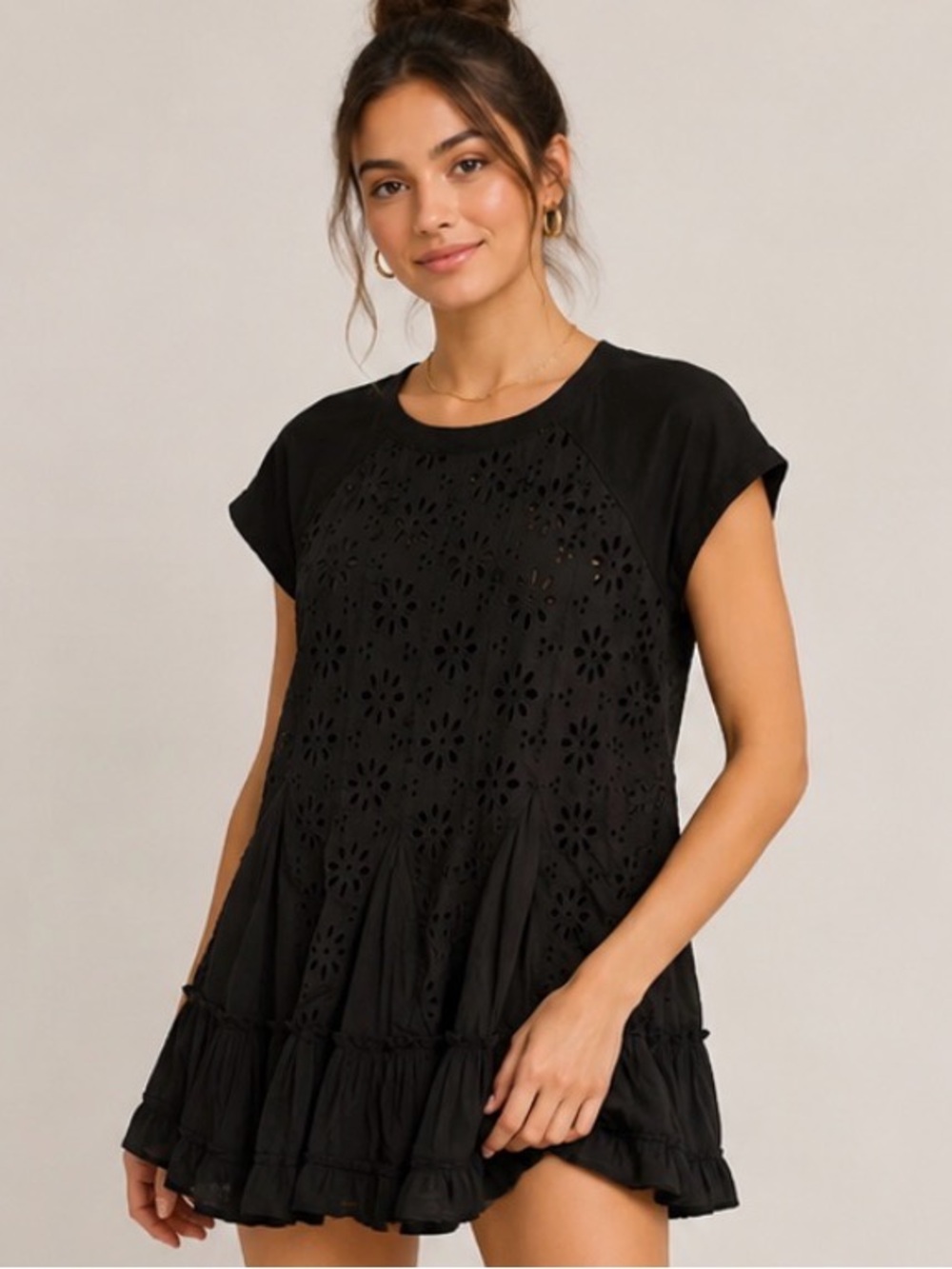 Free People XS Black Eyelet Mini Dress Ruffle Hem Boho Babydoll Tunic